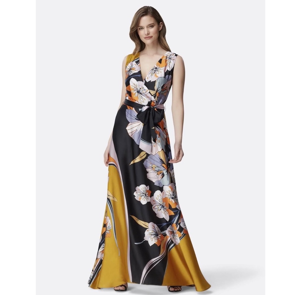 Tahari ASL Black and Mustard Floral Maxi Dress